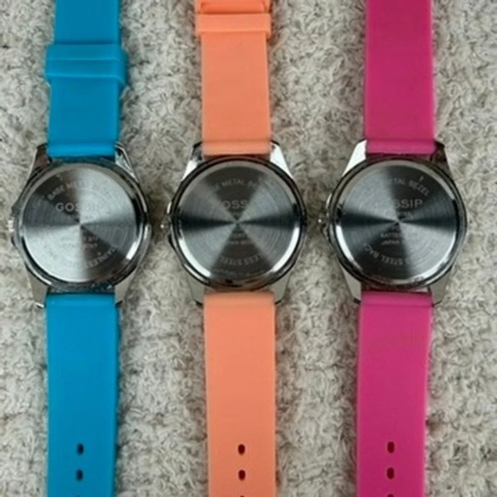 Gossip Women Quartz Watch Set 3 Piece Silicone Strap Blue Pink Orange Bundle